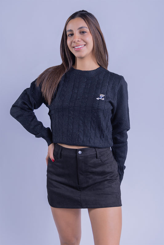 Suéter negro con bordado de osito