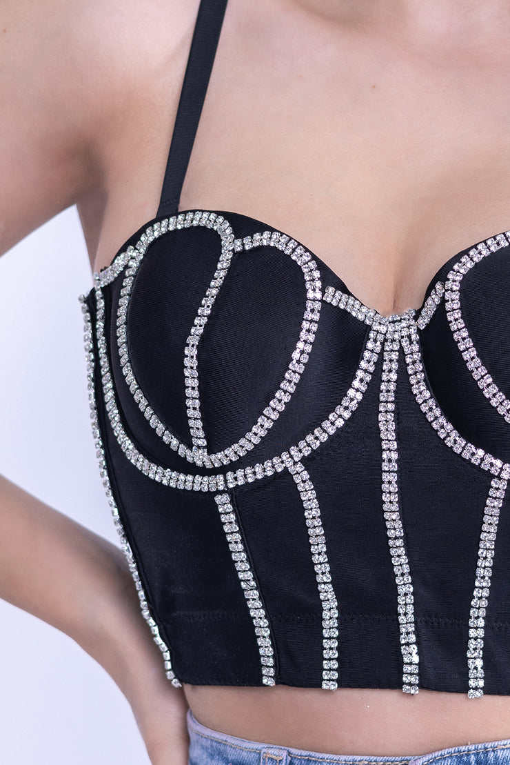Bralet negro con aplicaciones de brillos en copas