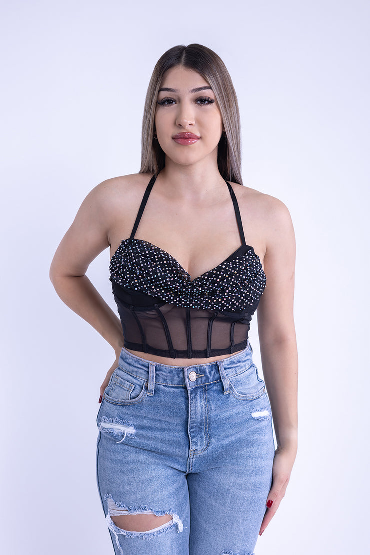 Bralet negro con copas y detalle de brillos