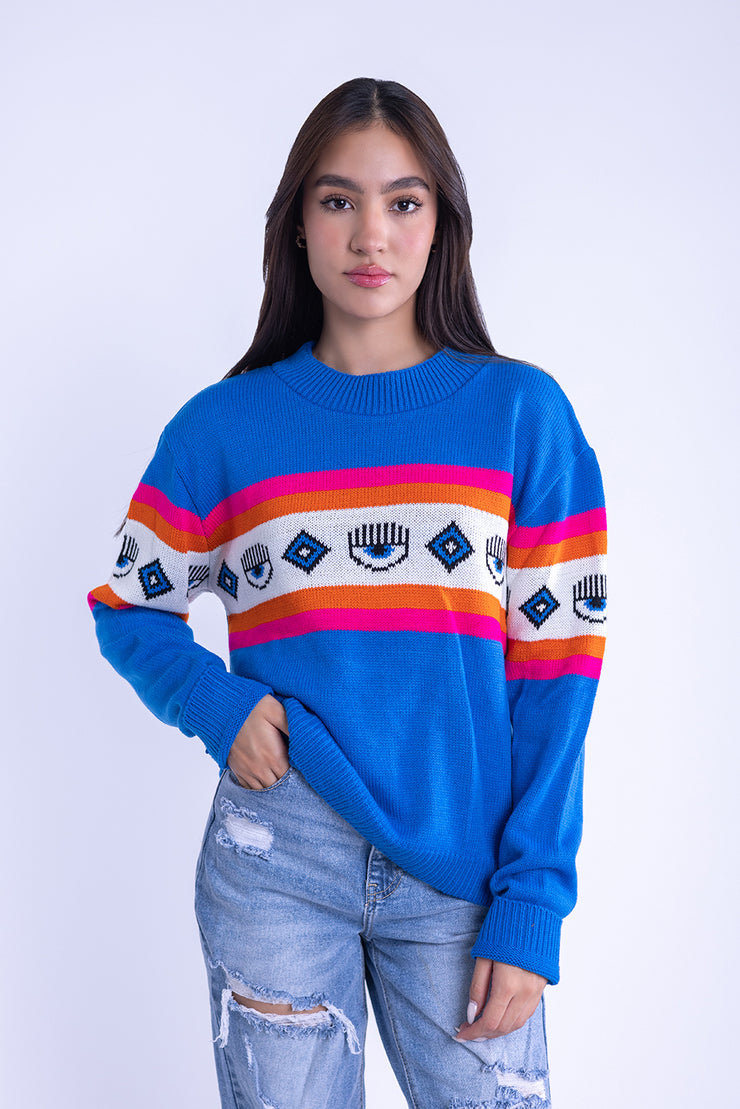 Suéter azul  con franja de figras