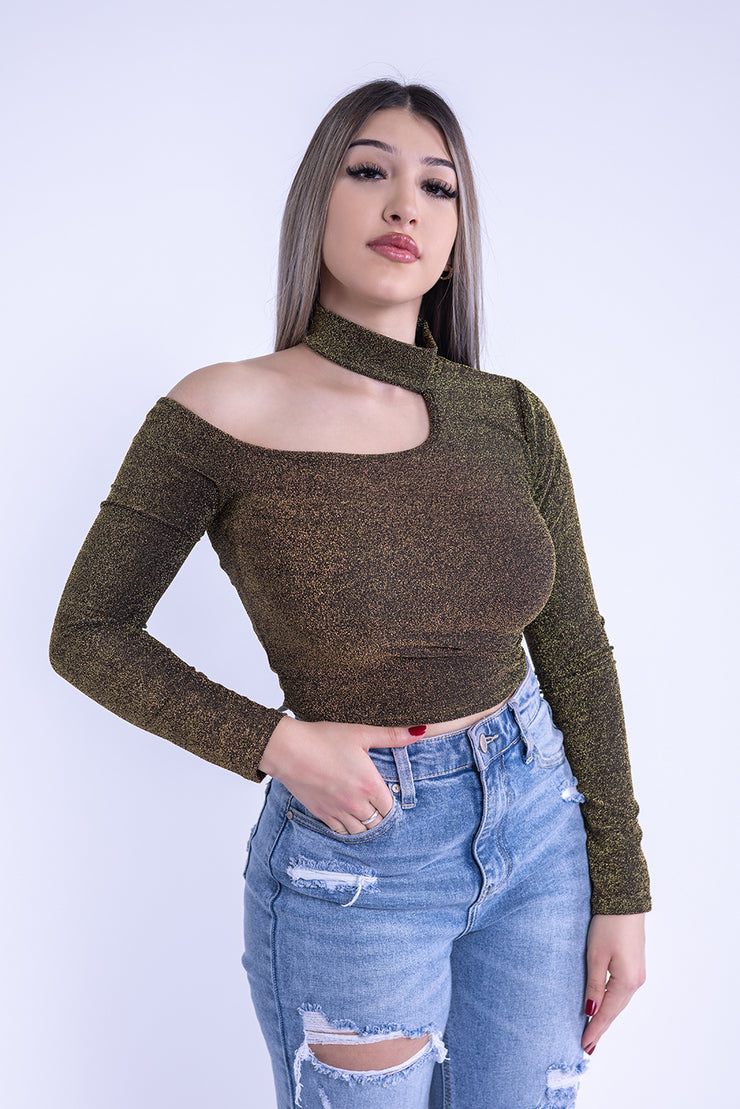Top desigual de tela lurex