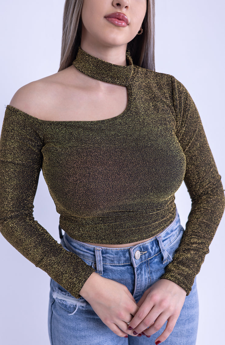Top desigual de tela lurex
