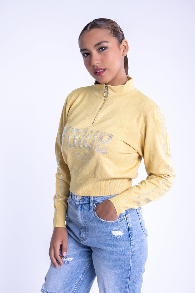 Sudadera amarilla con ziper y destellos