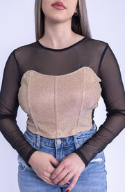 Blusa tipo mesh con simulacion corsé