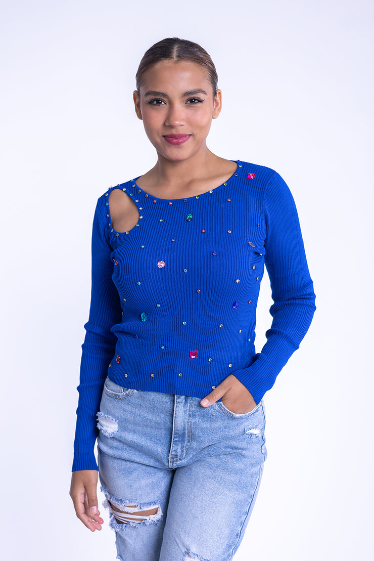 Blusa azul con piedras de colores manga larga
