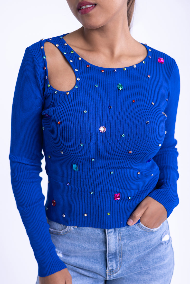 Blusa azul con piedras de colores manga larga