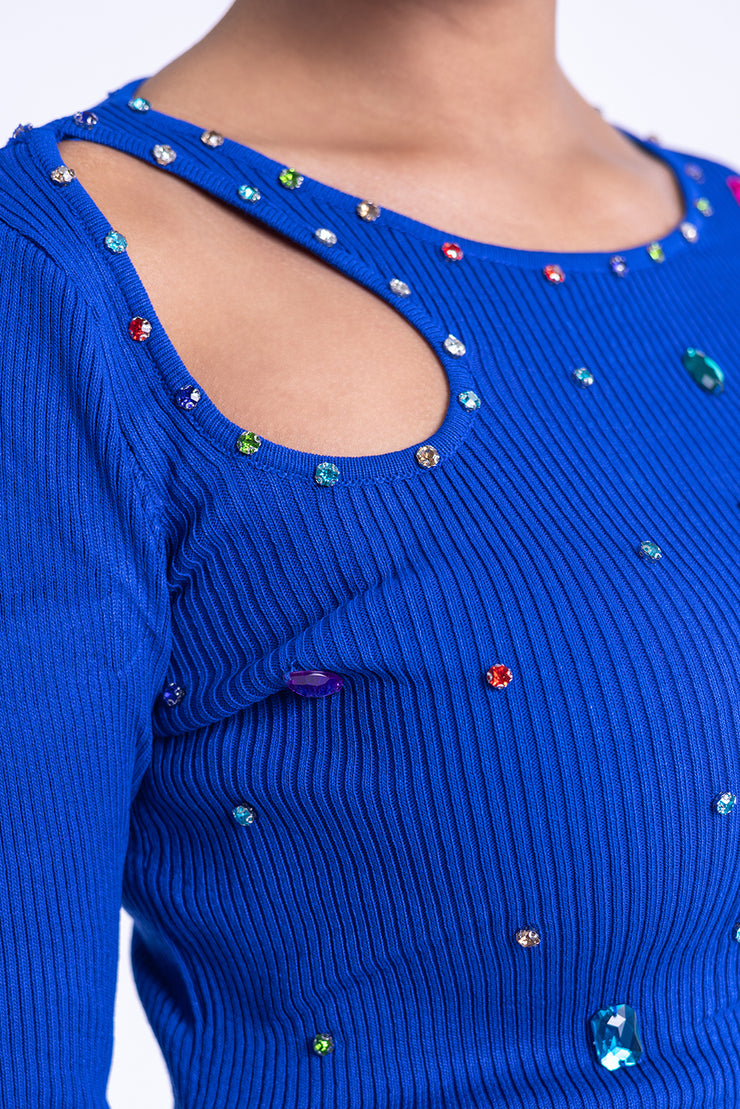 Blusa azul con piedras de colores manga larga