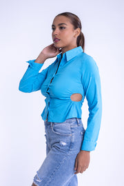 Blusa azul manga larga con detalle en costados