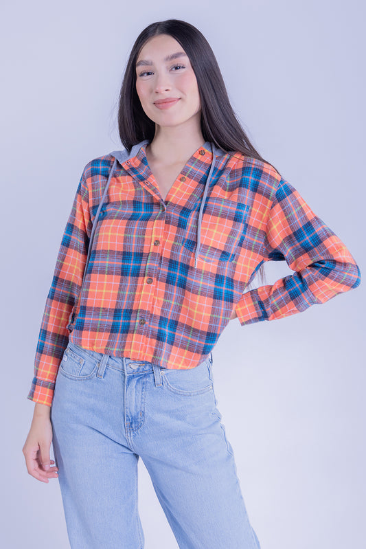 Camisa abotonada de cuadros con capucha