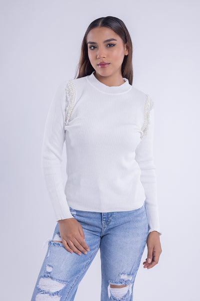 Suéter acanalado de manga larga con aplicaciones en hombros