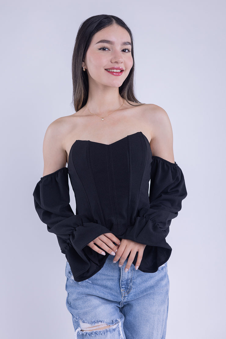 Crop top tipo corsé con varillas, con manga caida