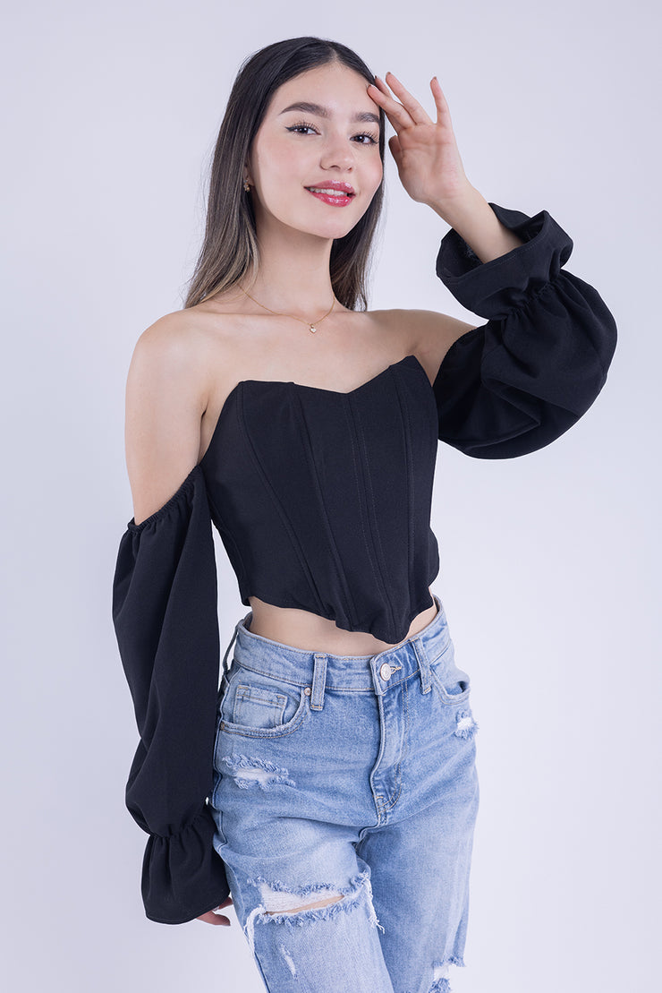 Crop top tipo corsé con varillas, con manga caida