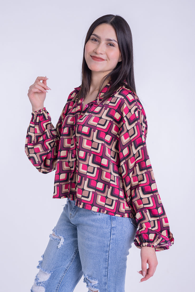 Blusa cuadriculada con manga puffy