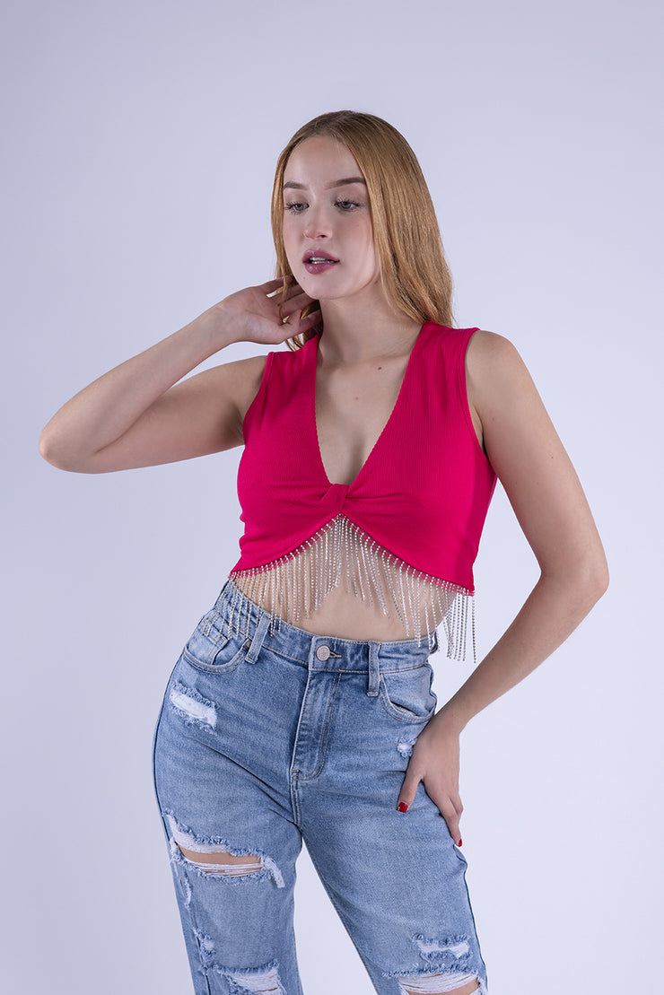 Crop top fiusha con amarre y flecos