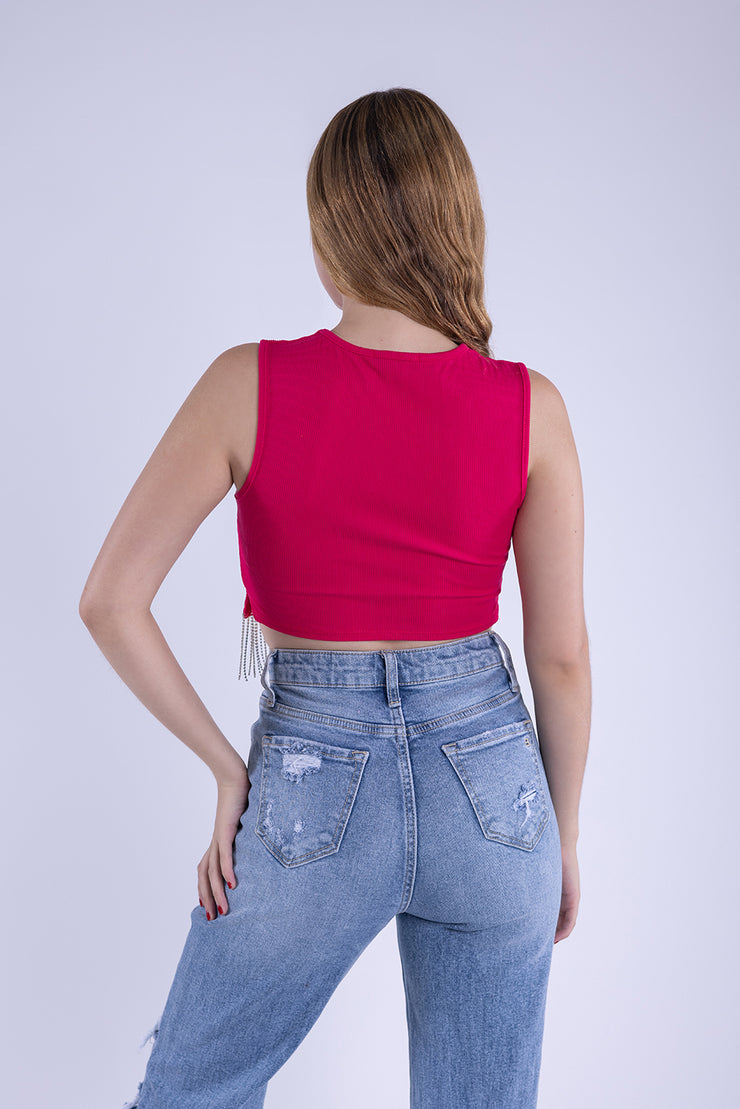 Crop top fiusha con amarre y flecos
