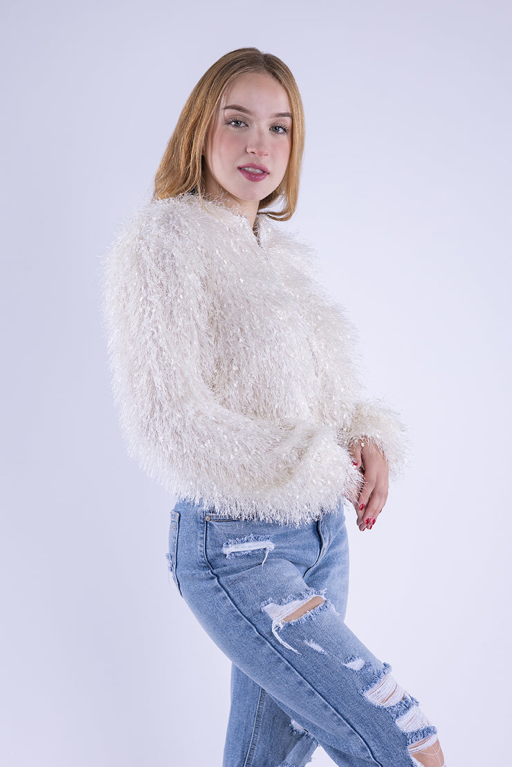 Chamarra beige de peluche tipo flecos