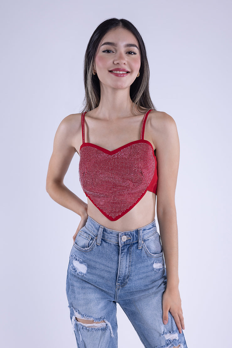 Crop top rojo de corazon con brillos