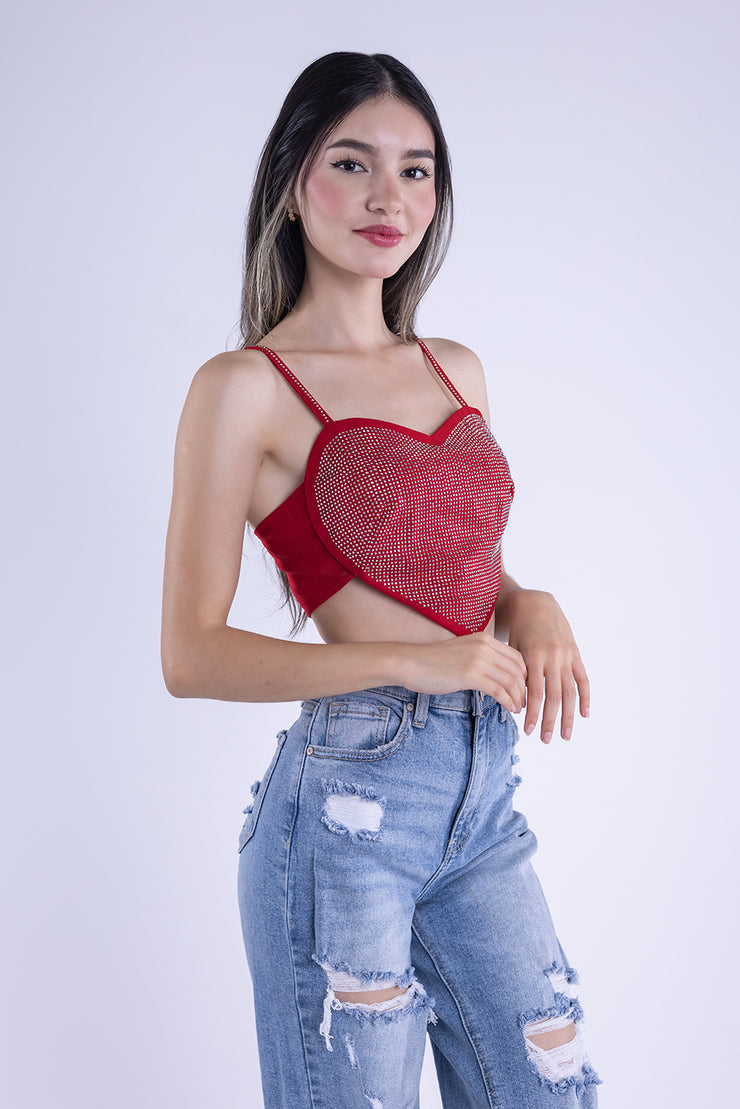 Crop top rojo de corazon con brillos