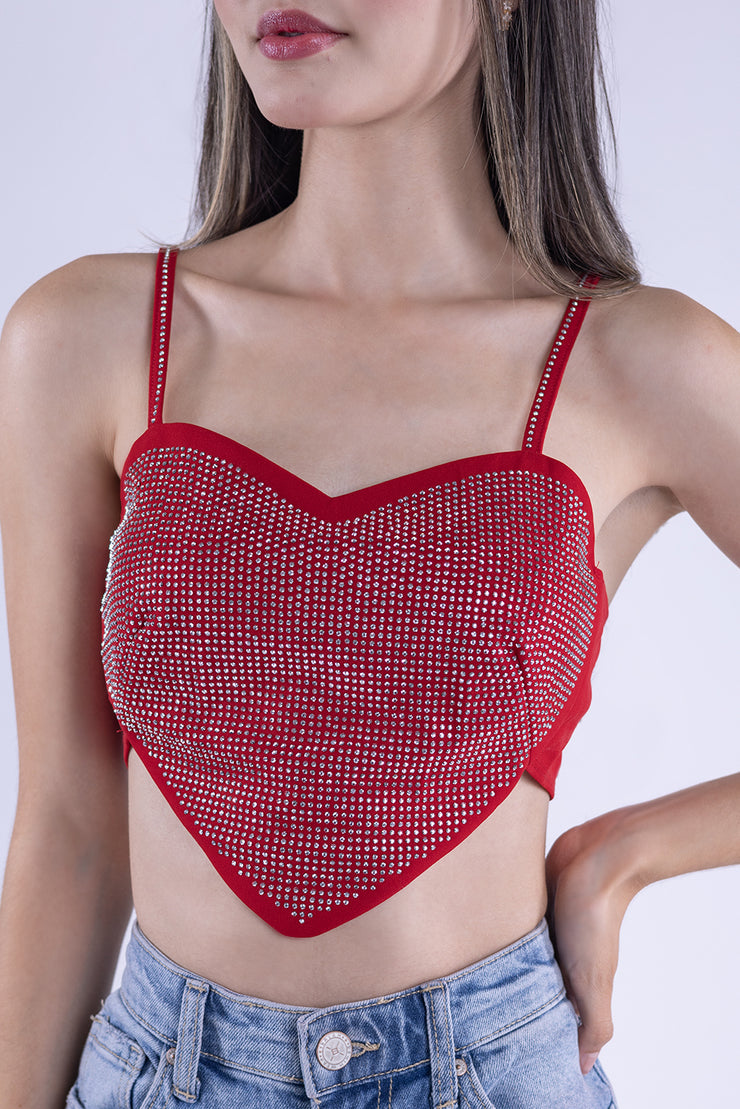 Crop top rojo de corazon con brillos