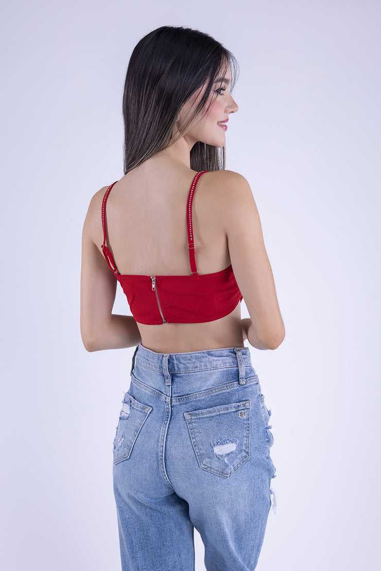 Crop top rojo de corazon con brillos