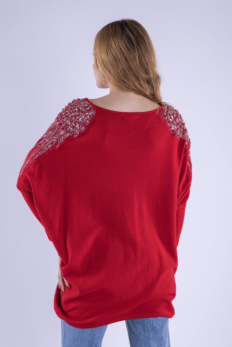Suéter rojo oversize con cristales