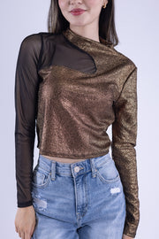 Crop top cafe metalizado con manga desigual