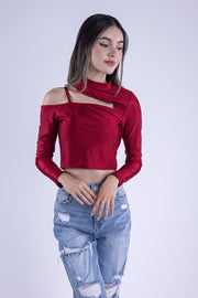 Blusa guinda de un hombro descubierto