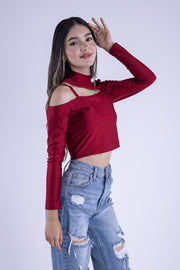 Blusa guinda de un hombro descubierto