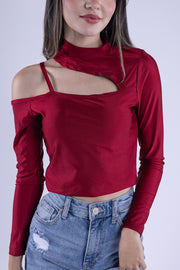 Blusa guinda de un hombro descubierto