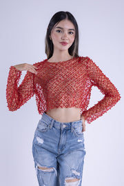 Crop top rojo naranja con brillos transparente