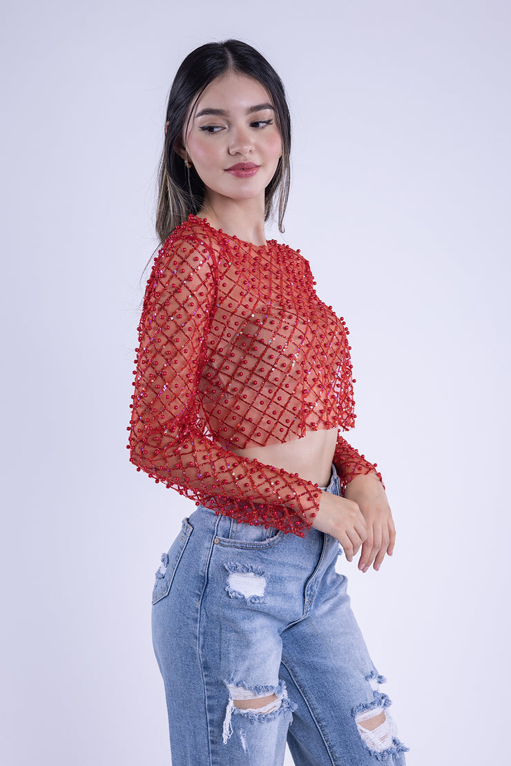 Crop top rojo naranja con brillos transparente