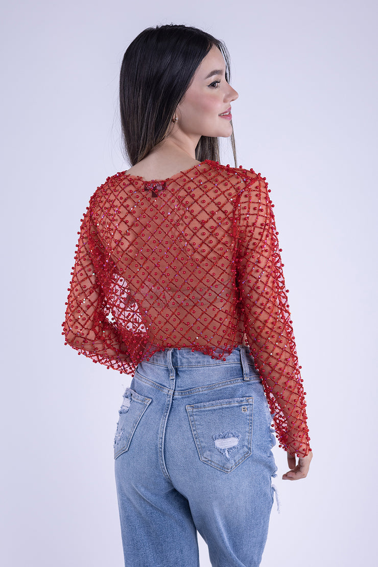 Crop top rojo naranja con brillos transparente