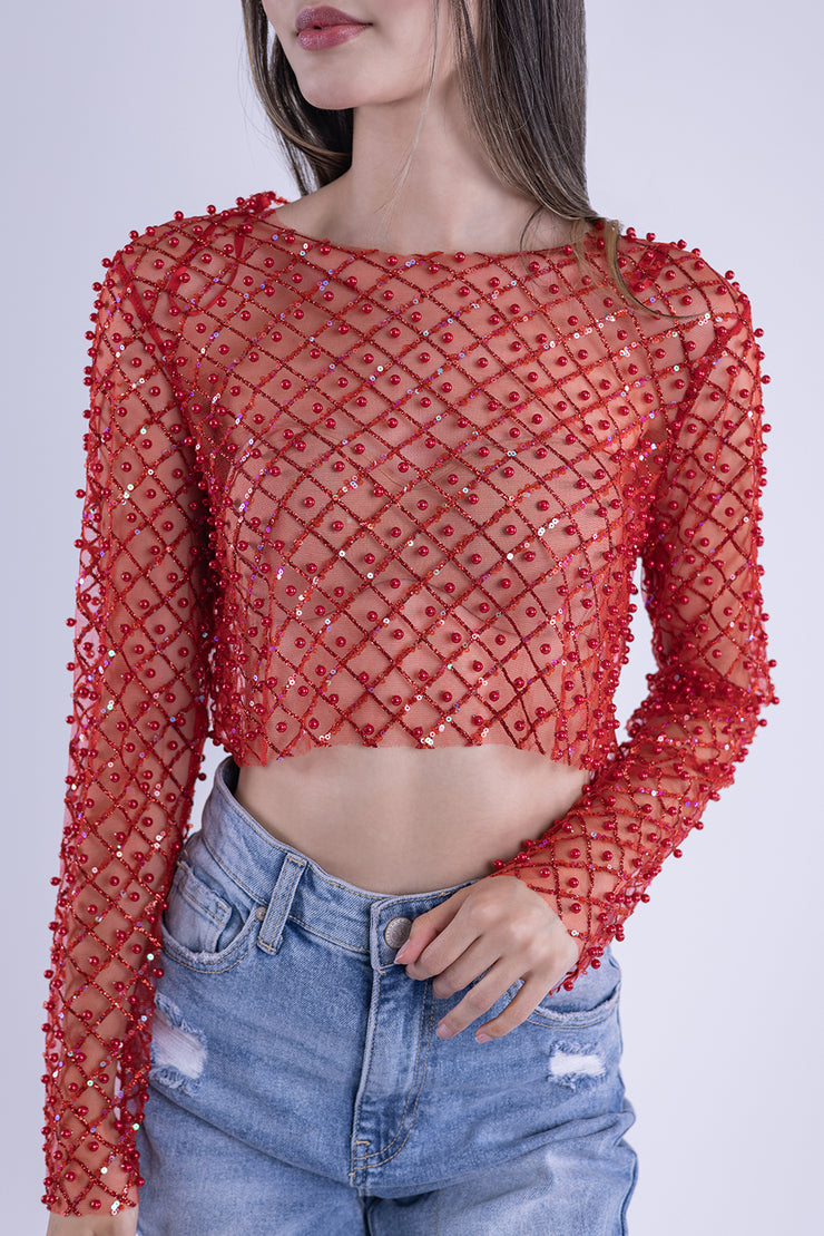Crop top rojo naranja con brillos transparente