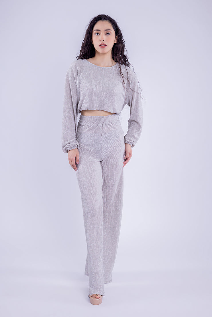 Conjunto brilloso de blusa y pantalón