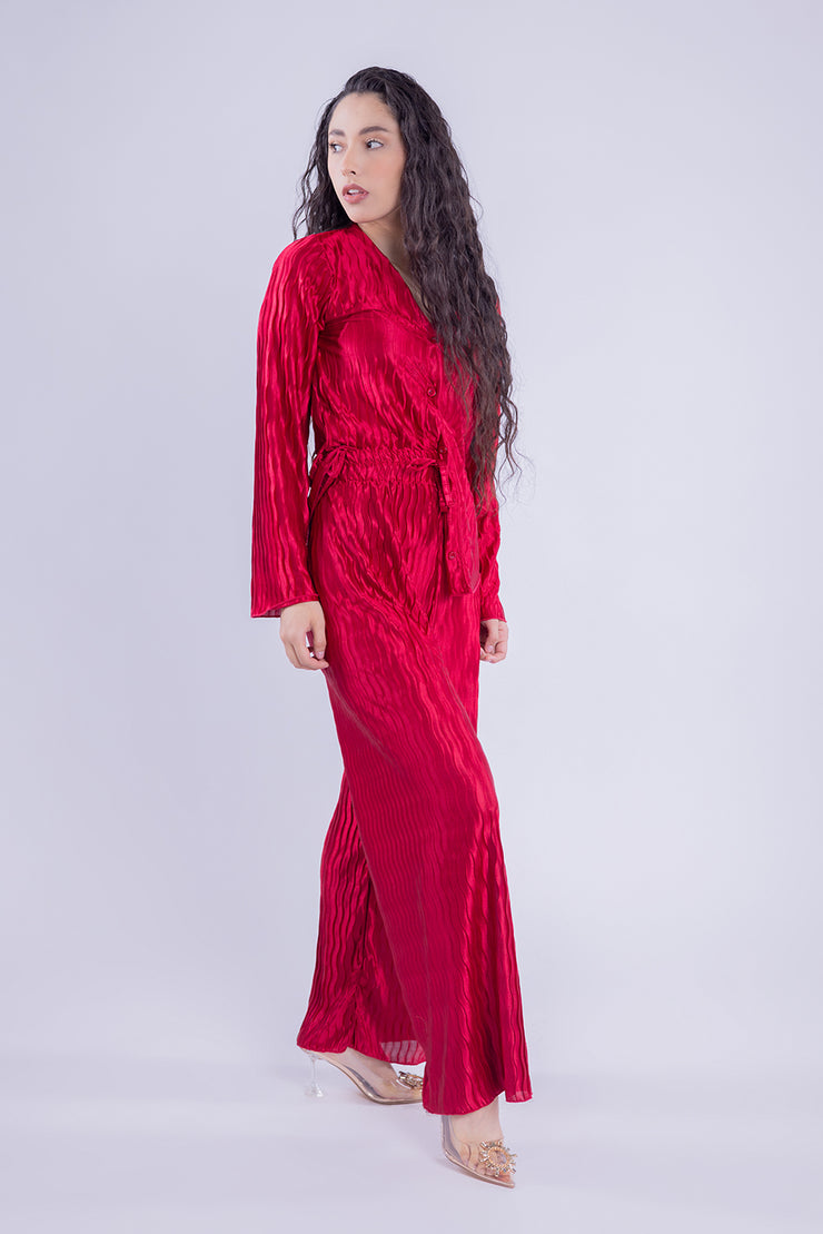 Conjunto satinado de blusa y pantalon