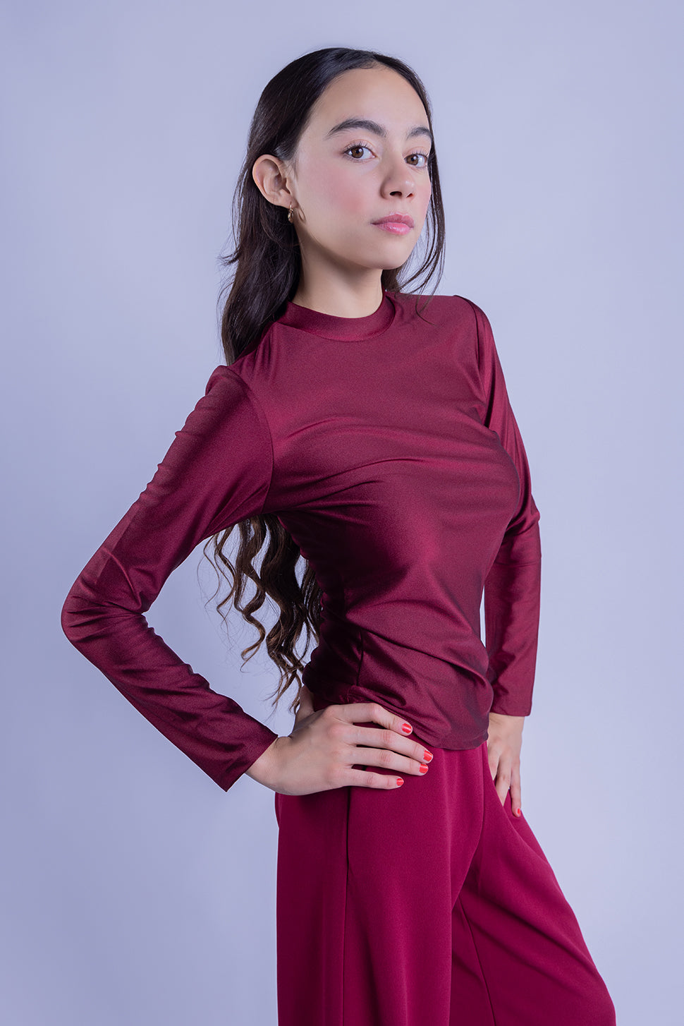 Blusa satinada manga larga de cuello alto