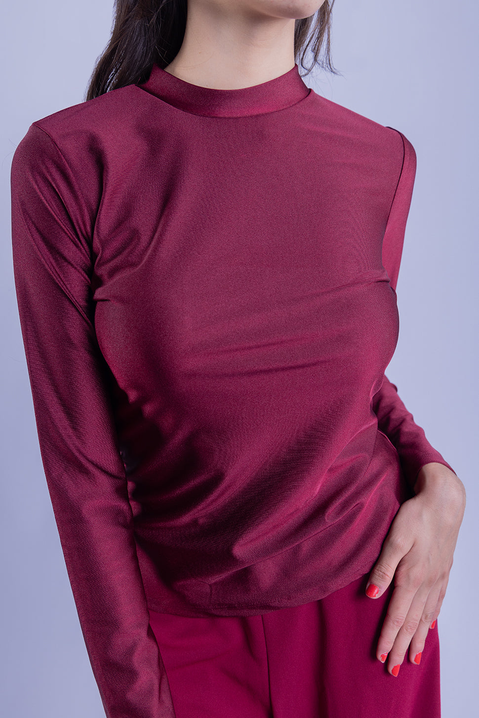 Blusa satinada manga larga de cuello alto