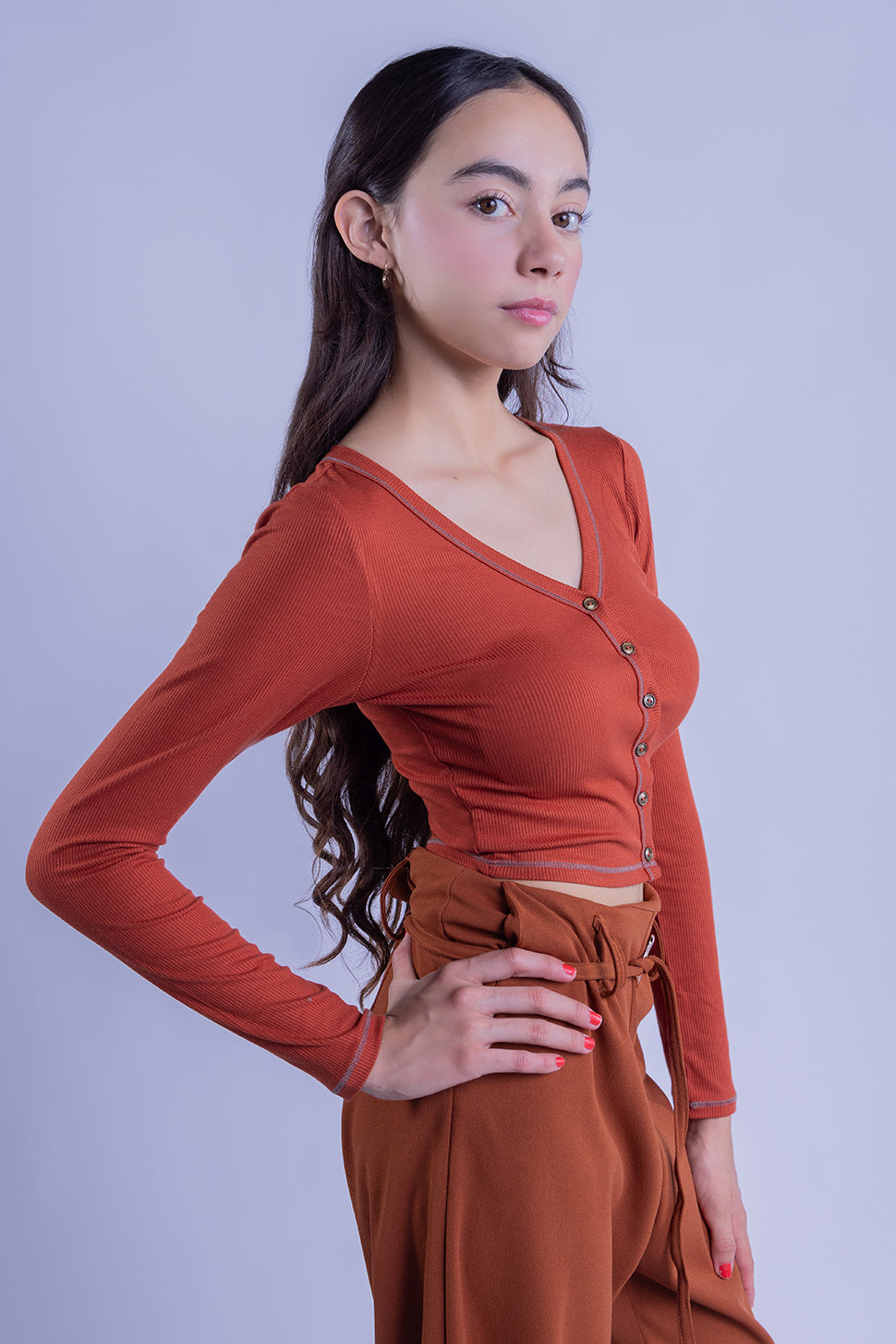 Crop top manga larga abotonada