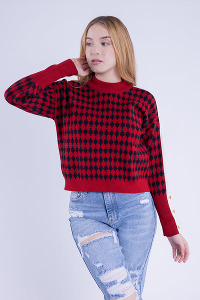 Suéter rojo estampado tipo ajedrez