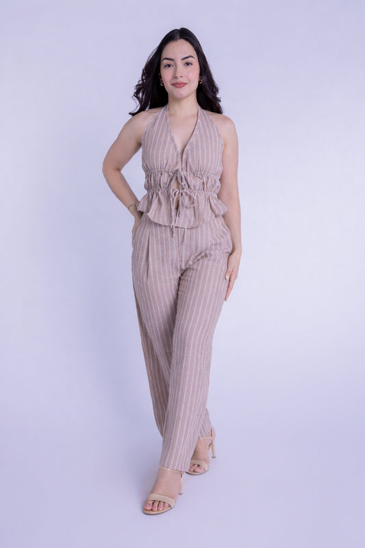 Conjunto beige con rayas blancas de dos piezas Top y pantalon
