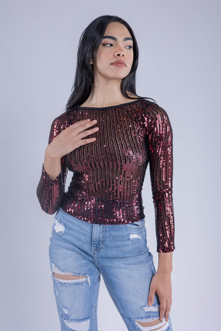 Blusa de lentejuela guinda manga larga