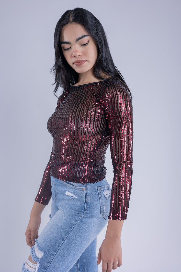Blusa de lentejuela guinda manga larga