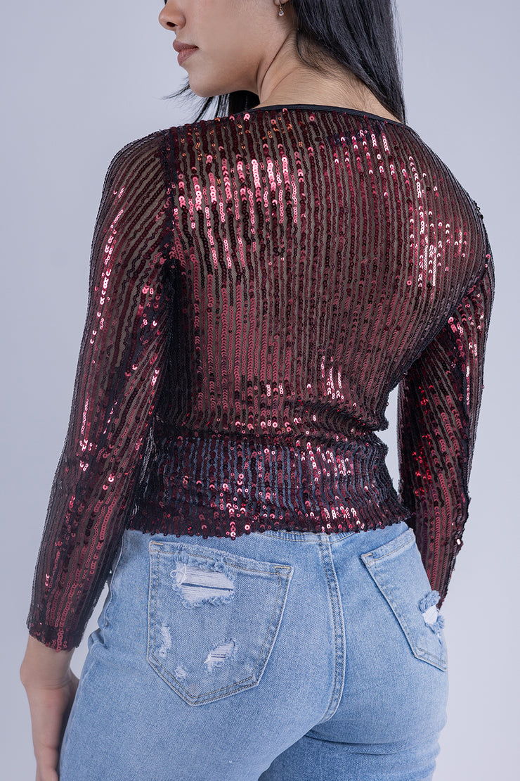 Blusa de lentejuela guinda manga larga