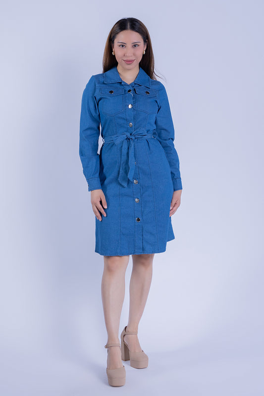 Vestido de mezclila abotonado manga larga