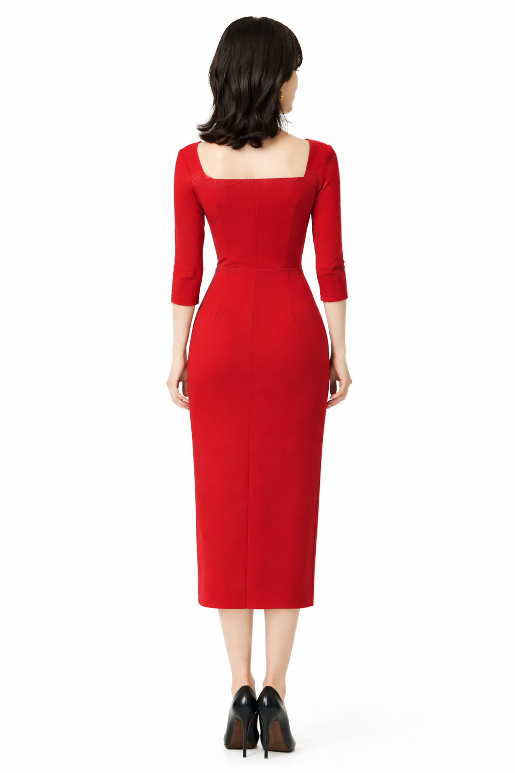 Vestido rojo entallado manga 3/4, con detalle de encaje en el pecho