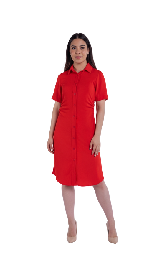 Vestido rojo con cuello sport abotonado largo a la rodilla