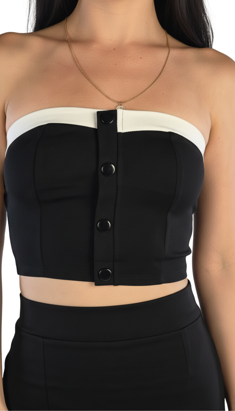 Conjunto de dos piezas de blusa strapple y falda con contraste
