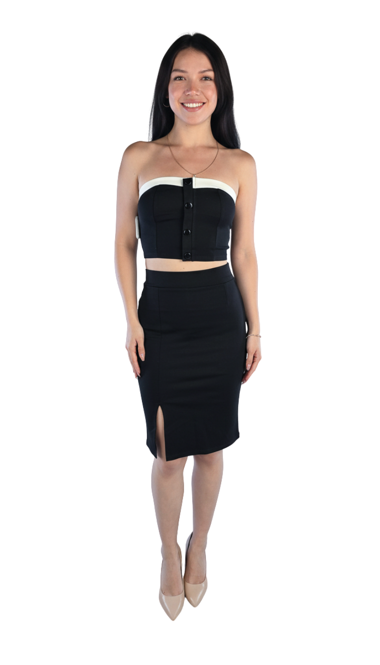 Conjunto de dos piezas de blusa strapple y falda con contraste