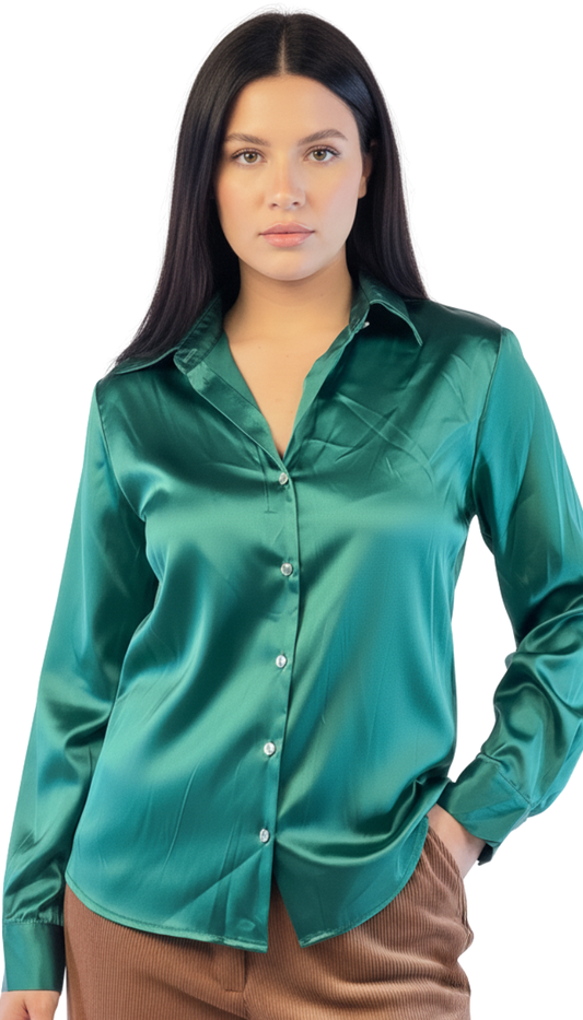 Blusa satinada color acqua tipo vestir