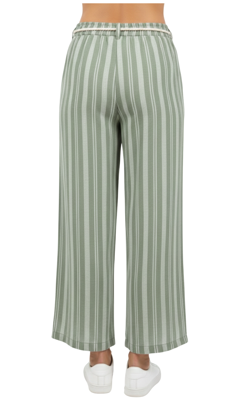 Pantalon verde rayado de lino con cinturon de correa